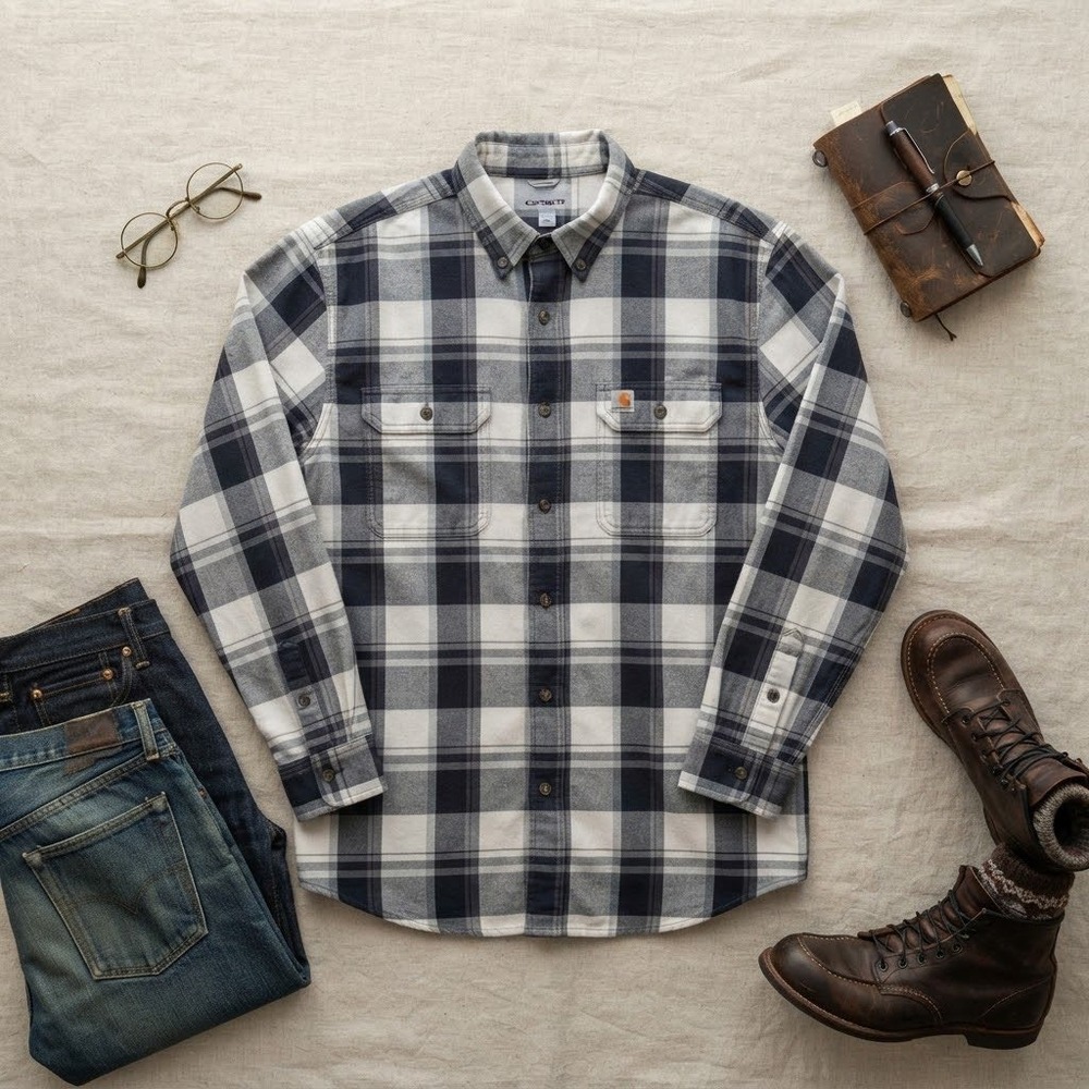 Carhartt Flannel Shirt Mens L Blue White Plaid Original Fit Workwear Gorpcore